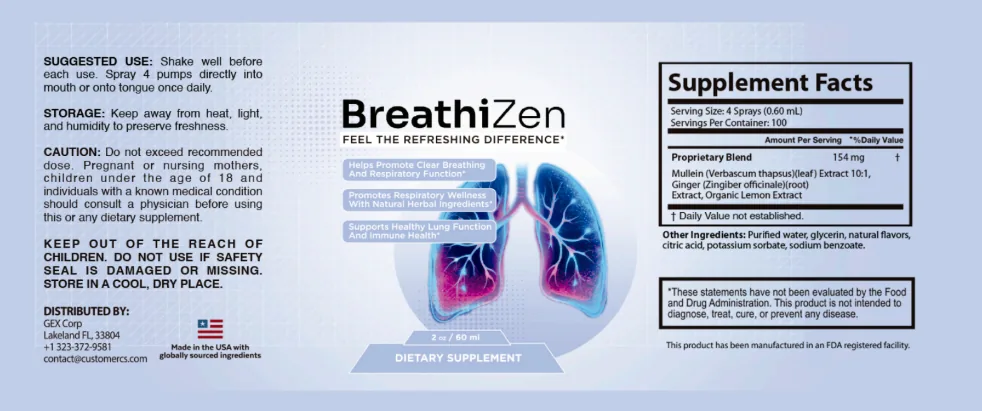 Breathizen supplement facts label โ 154 mg proprietary blend of mullein, ginger, and organic lemon extract